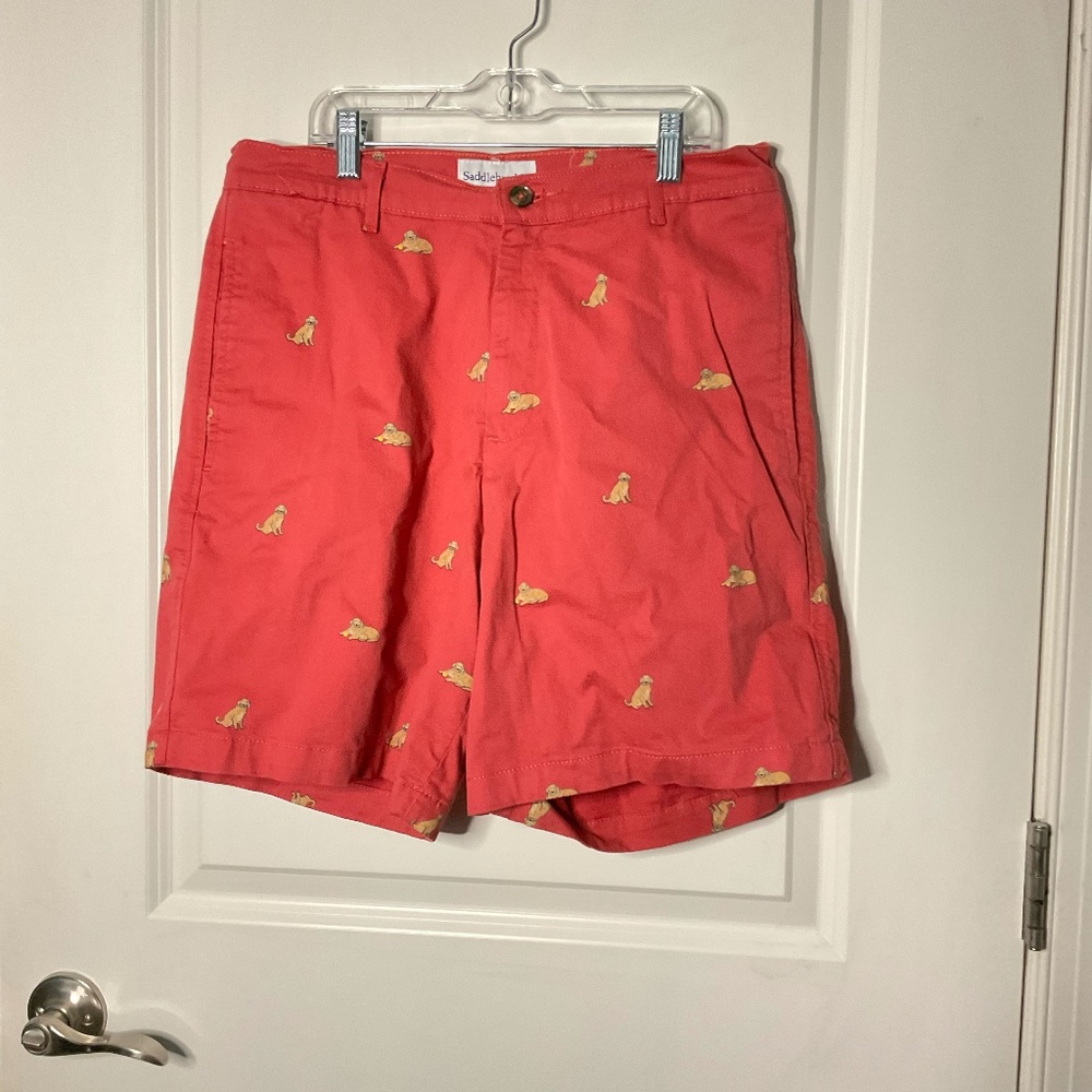 Saddlebred Chino Men Shorts 32W Red Golden Retriver Dog 7" Preppy